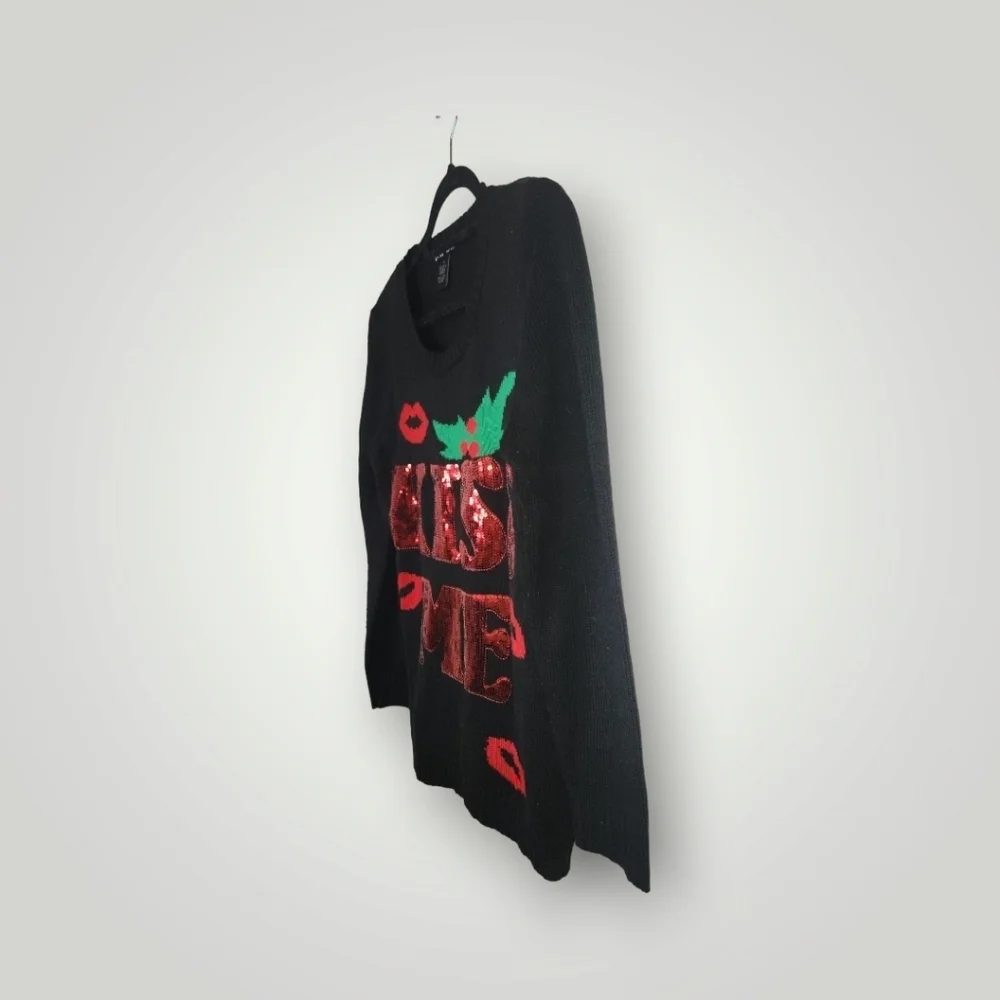 Womens Ugly Christmas Sweater Small Black Kiss Me Mistletoe Sequins Large